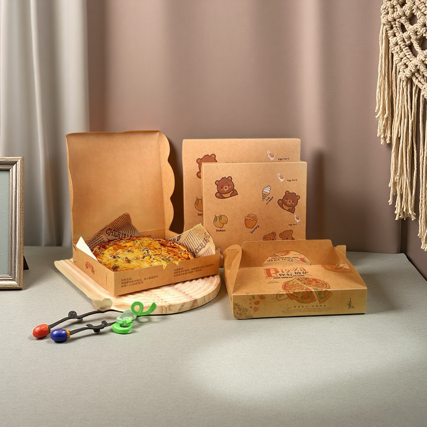 创意披萨包装盒牛皮纸卡通小熊外卖打包盒烘焙点心包装袋
