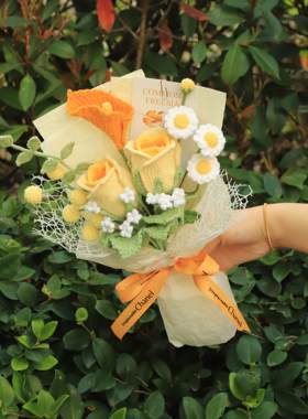 手工编织格桑花玫瑰混搭花束diy材料包毛线钩针手织仿真花送朋友