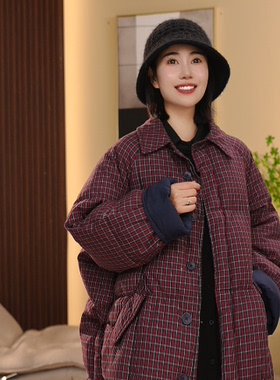 BEIJU 2025年新款欧货宽松中长款上衣休闲夹棉格子棉服外套3276