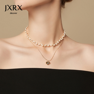 JXRX双层叠戴天然珍珠项链女2024新款爆款颈链锁骨链金色爱心吊坠