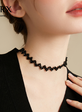 JXRX黑色水晶项链女款高级设计感小众锁骨链2024年新款脖颈链子