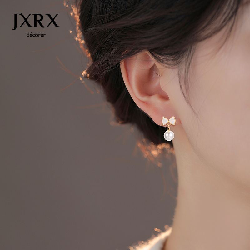 JXRX金色蝴蝶结珍珠耳钉女