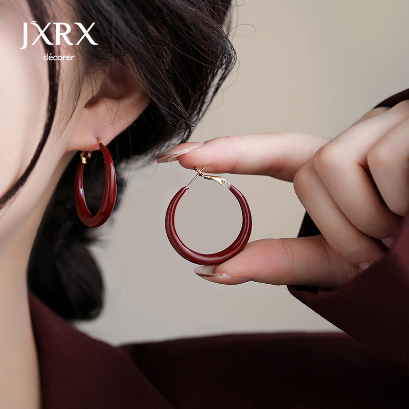 气质红色大圈圈耳环女