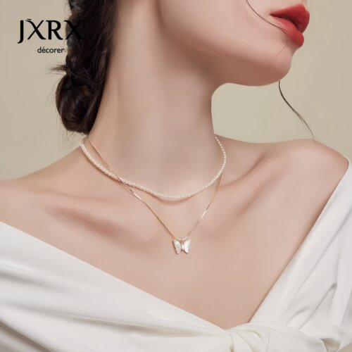 JXRX双层叠戴珍珠项链女款2026新款颈链锁骨链白贝母蝴蝶吊坠配饰