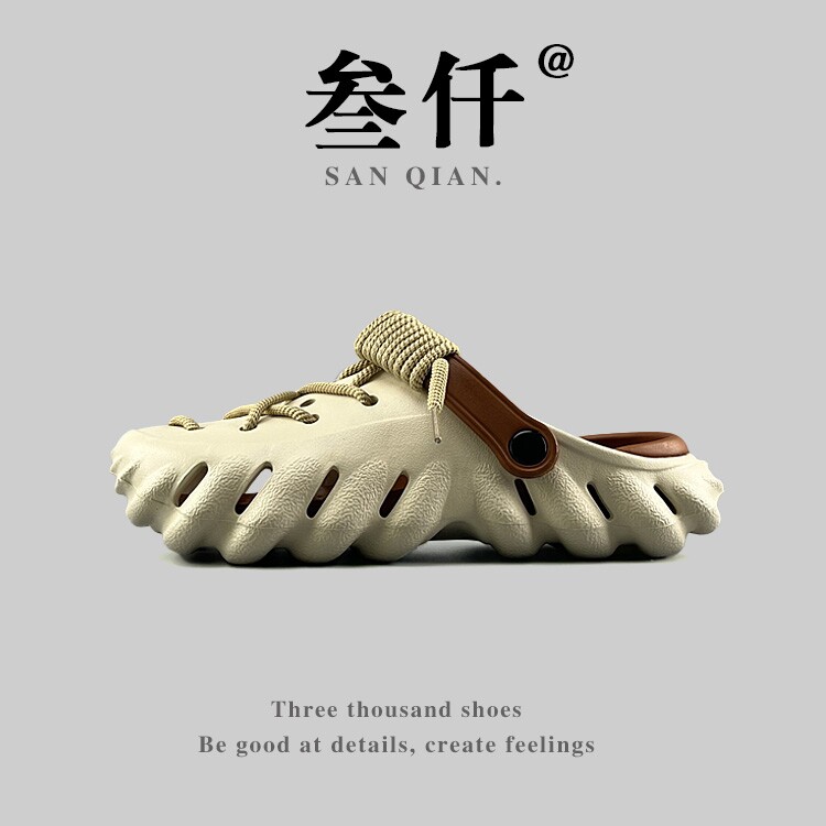 外贸出口日本单拖鞋夏季沙滩休闲情侣款包头拖透气踩屎感洞洞鞋