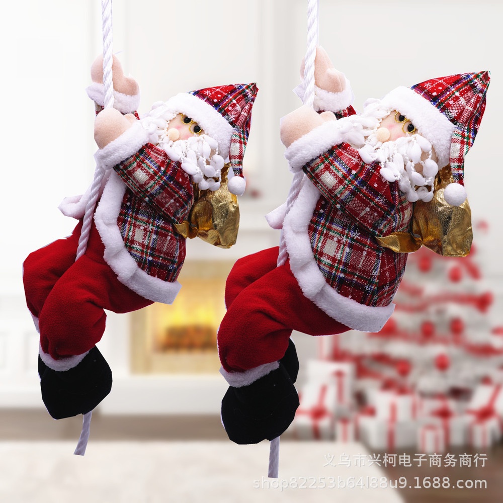 圣诞节装饰爬绳圣诞老人挂件吊顶装饰公仔圣诞老人商场橱窗布置