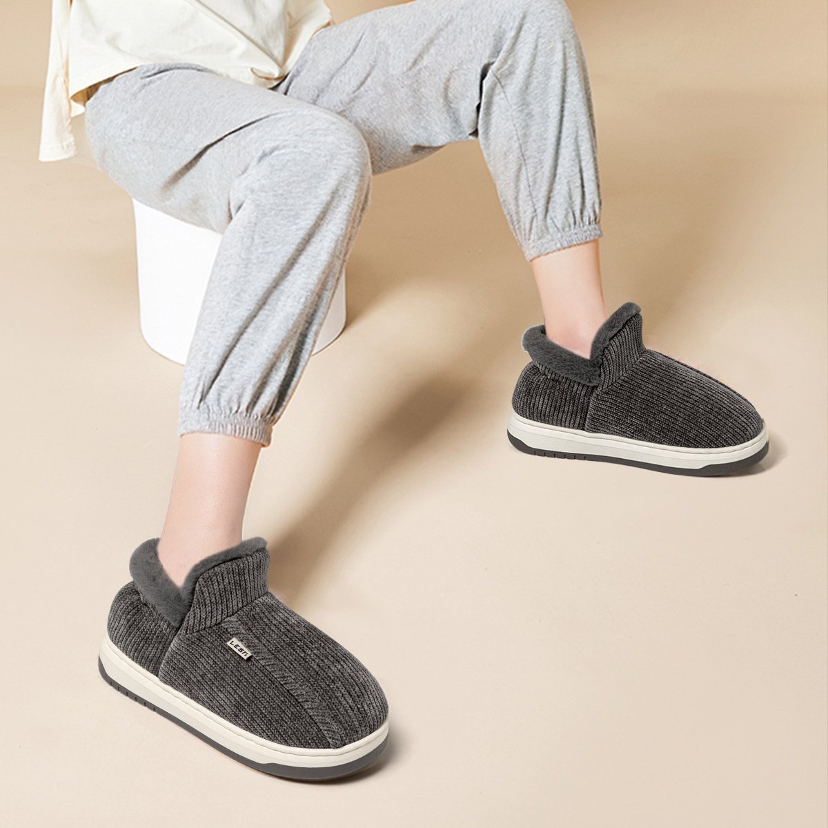 23条纹棉鞋男冬室内家居防滑保暖情侣居家用包跟软底冬款毛拖鞋女