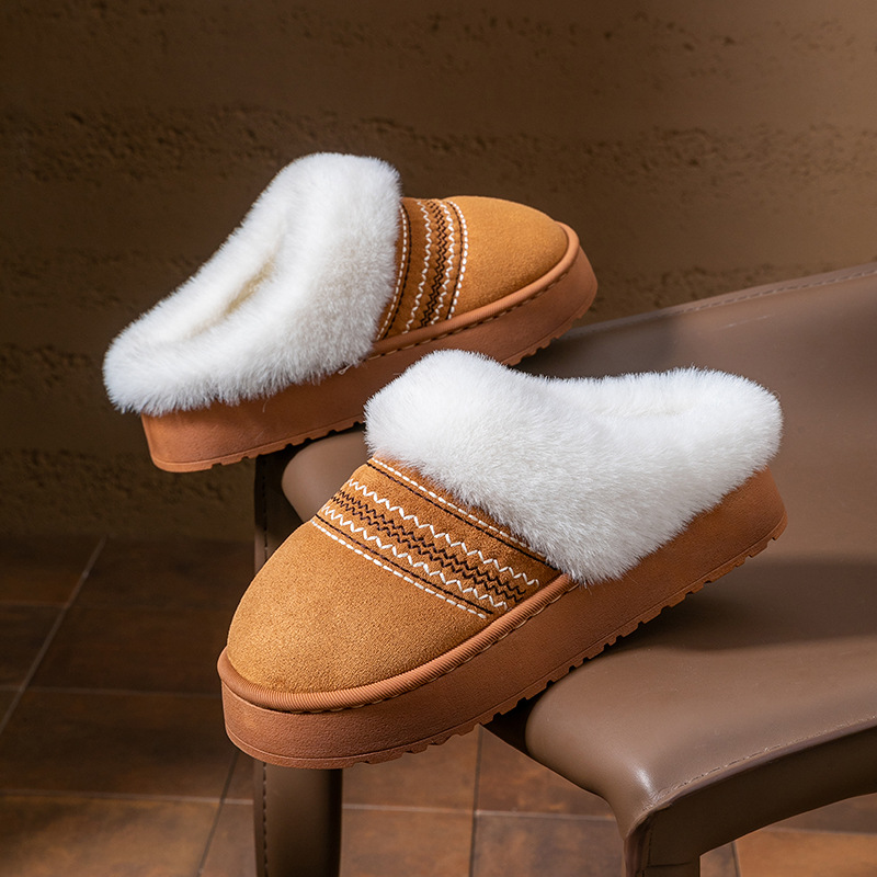女士毛毛绒棉拖鞋冬季室内家居厚底防滑加绒加厚外穿保暖月子拖鞋