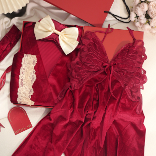 本命年订婚结婚礼物送女生闺蜜红色性感蝴蝶金丝绒睡裙睡衣礼盒装