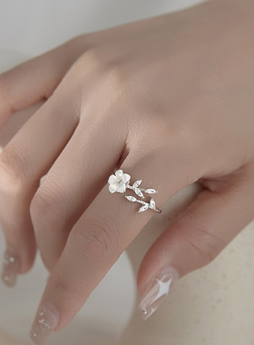 s925纯银花朵树叶戒指女开口指环食指饰贝壳食指戒小众设计