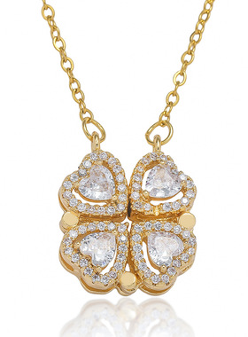 项链女 新款一款两戴心连心女开合四叶花项链时尚爱心折叠锁骨链