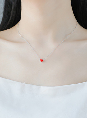 清新甜美可爱心形项链 925纯银红色桃心项链女韩国时尚锁骨链