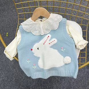女童毛衣马甲可爱蓝色兔子外穿卡通网红爆款女宝宝外穿毛衣背心