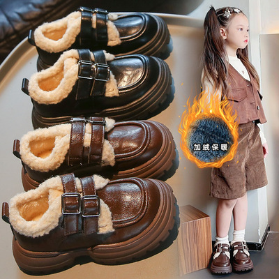 女童皮鞋冬款2025潮牌新款儿童二棉豆豆鞋男童加绒棉鞋厚底保暖鞋