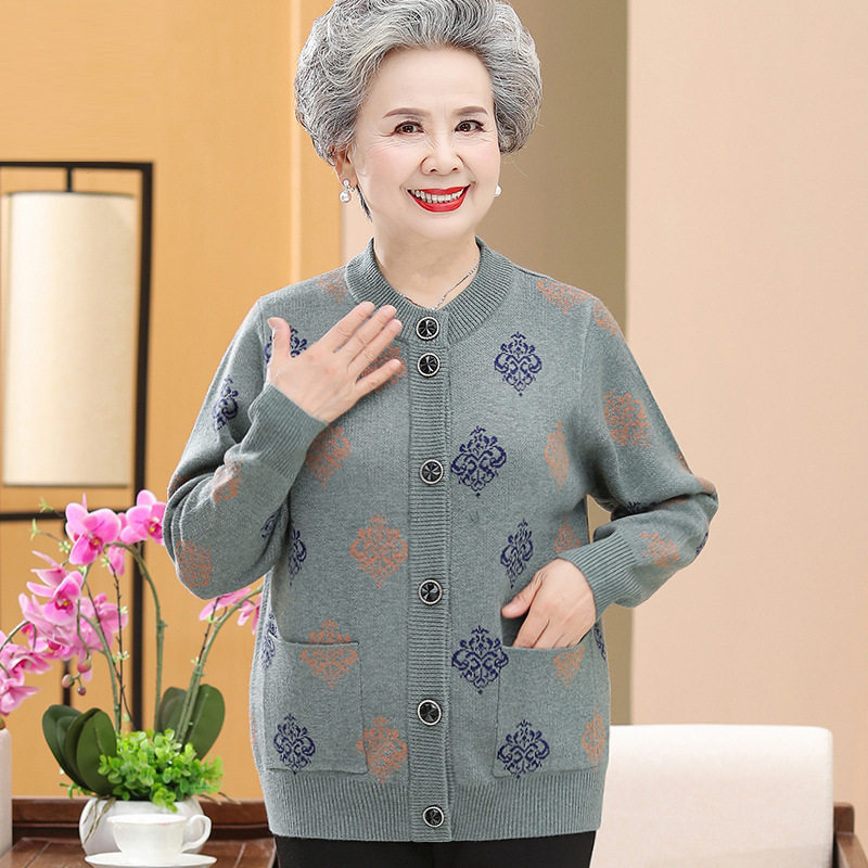 奶奶冬装毛衣开衫加绒春秋女中老年人阔太太妈妈针织外套老人衣服