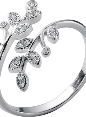 S925银戒指 韩版小清新百搭气质镶钻树叶开口指环文艺橄榄枝戒子