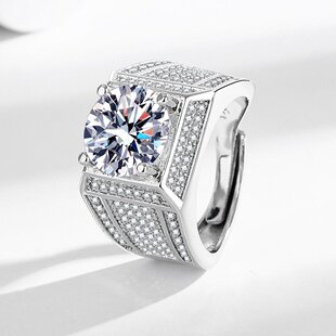 欧美跨境直播流行五克拉仿莫桑石男士钻戒婚礼求婚戒指男指环