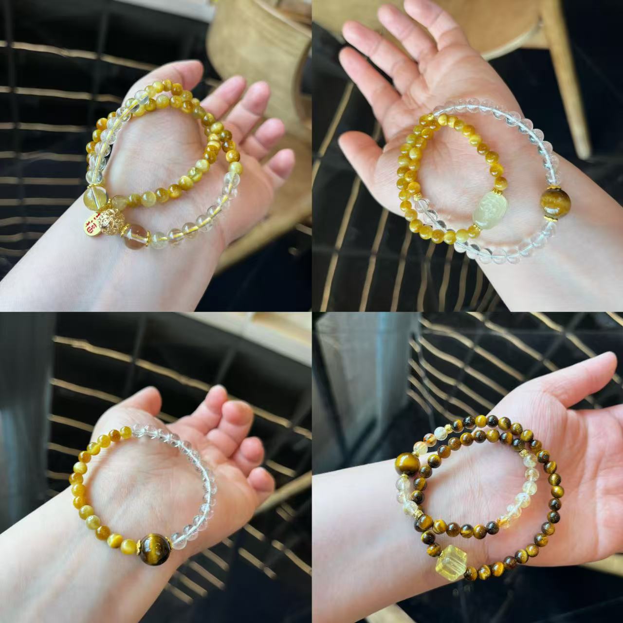 虎眼石多圈手链双拼白水晶黄水晶手串黄水晶貔貅方糖手饰品