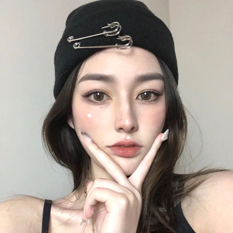 韩国潮流圆环别针嘻哈毛线帽秋冬情侣网红时髦破洞帽子男女针织帽