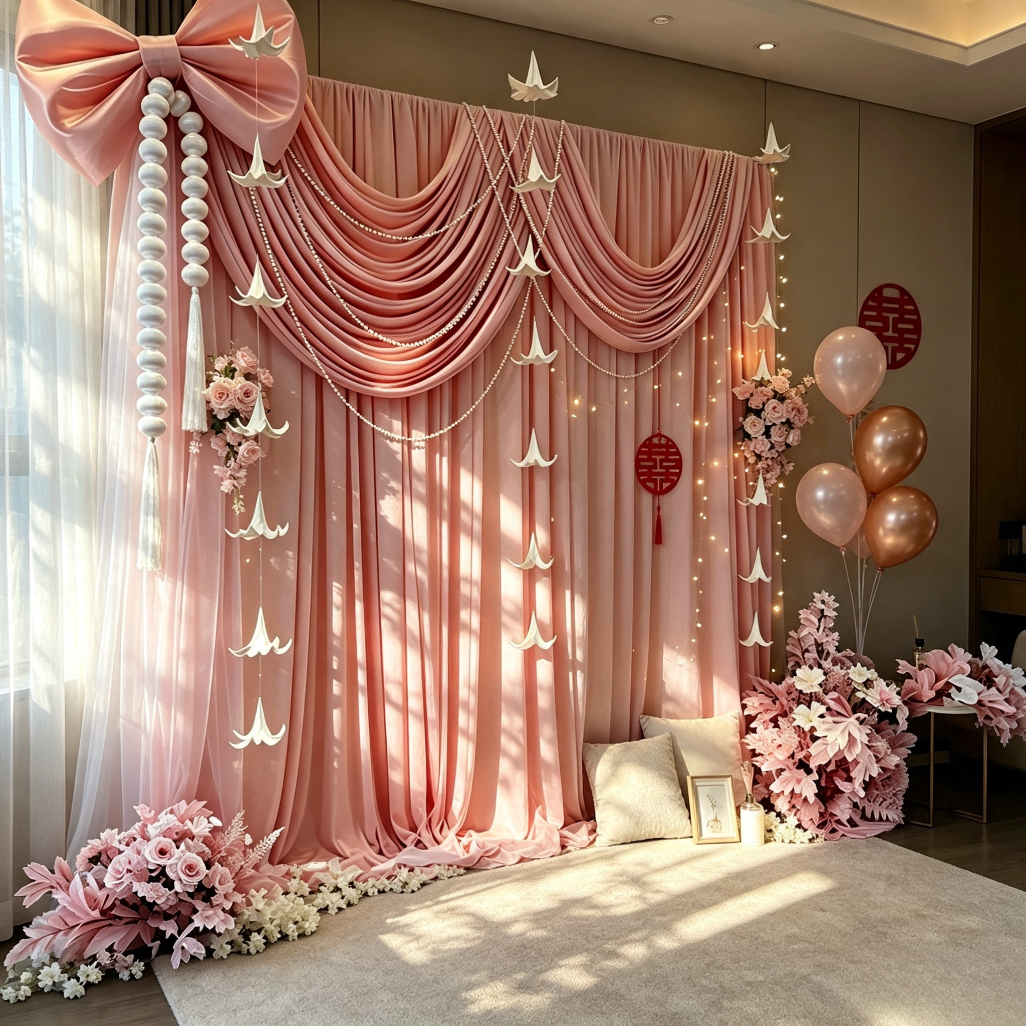 韩式晨袍背景布置婚房装饰女方婚礼酒店客厅室内粉色拍照区全套装