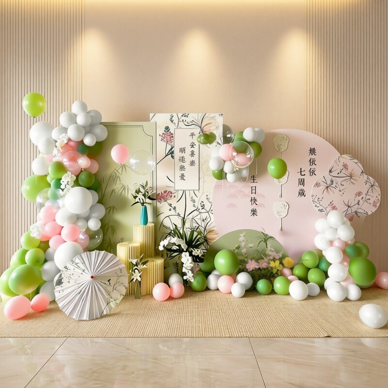 新中式古风生日装饰家庭版场景布置宝宝宴周岁礼气球kt板背景墙