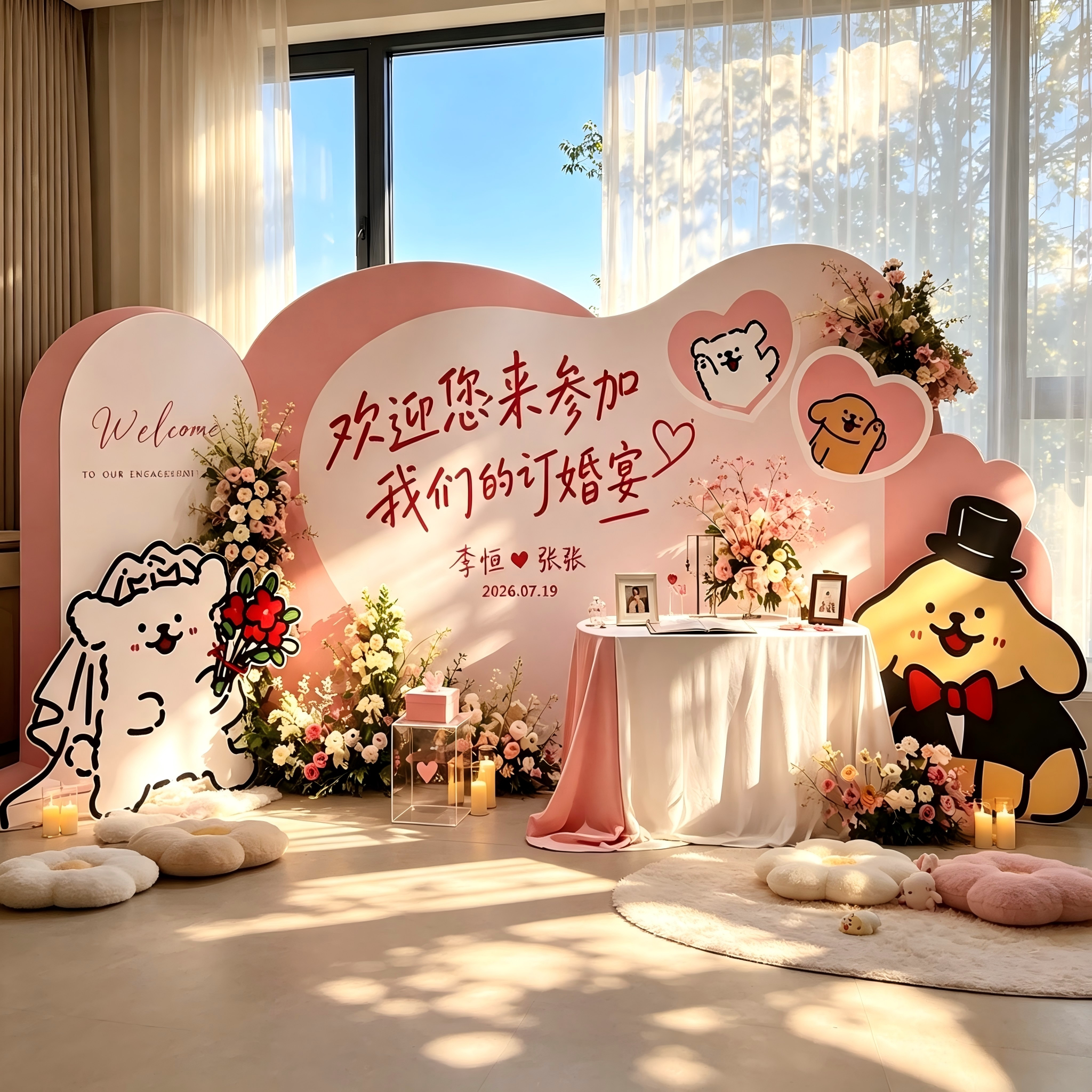 线条小狗订婚宴布置装饰全套kt板摆件摆台氛围拍照用品道具背景墙