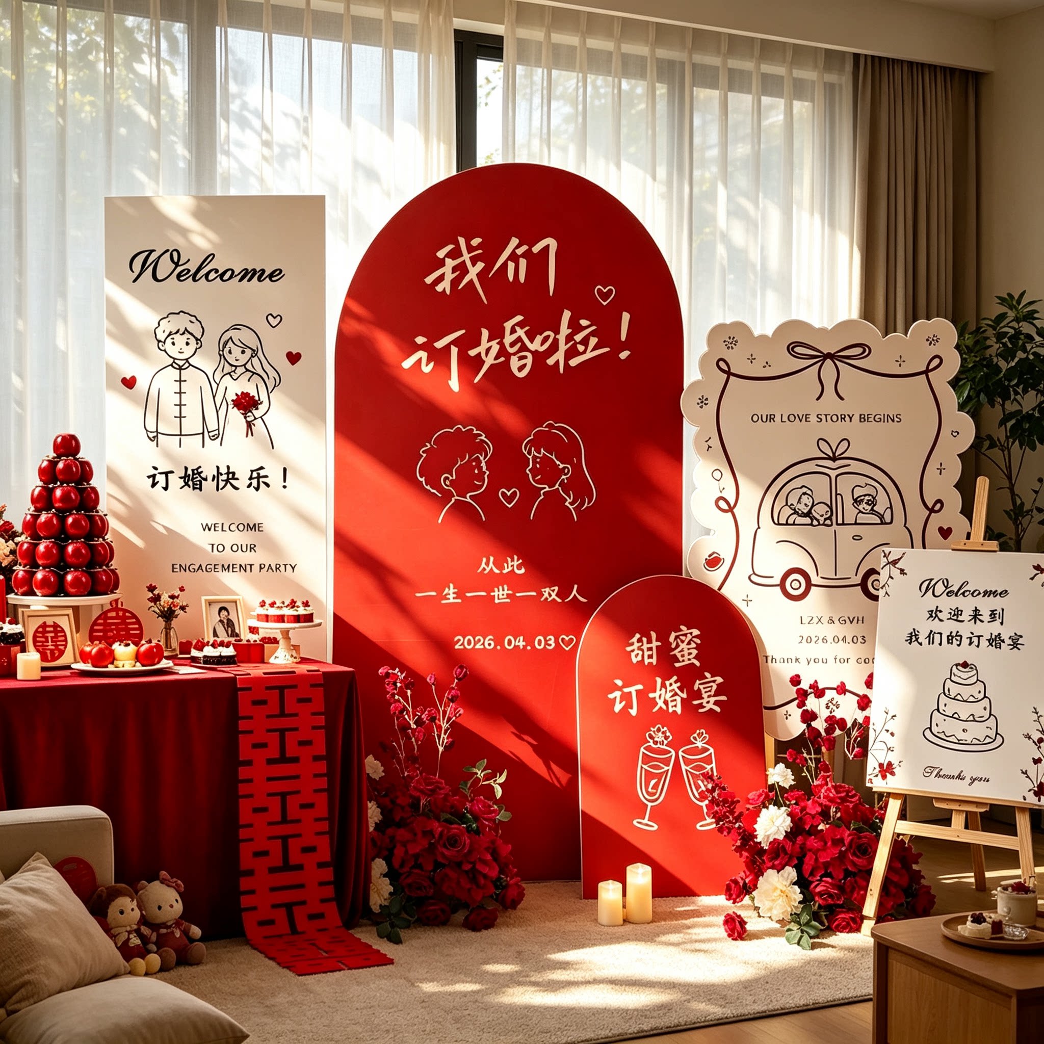 韩系订婚布置装饰全套摆件简约红色布幔订婚宴氛围加大定制背景墙