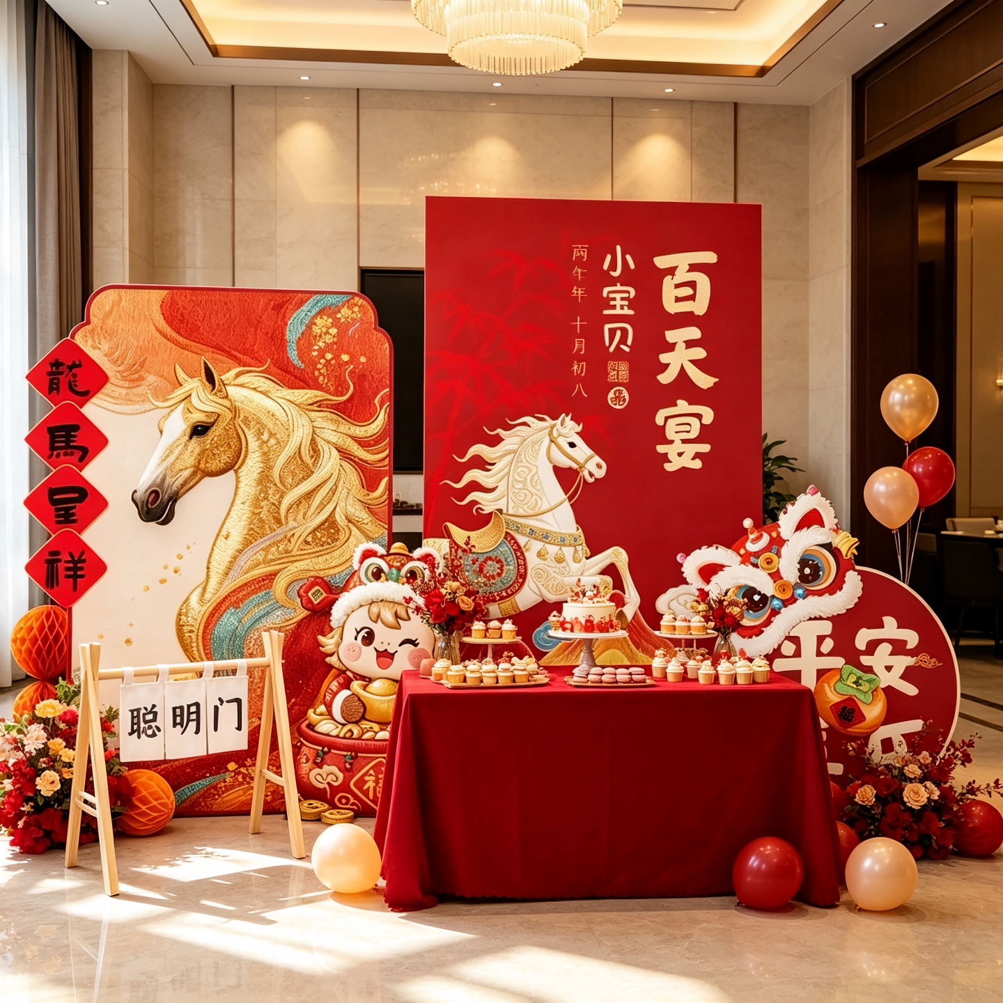 小孩满月布置马宝宝氛围拍照道具kt板全套背景墙仪式感酒店包厢