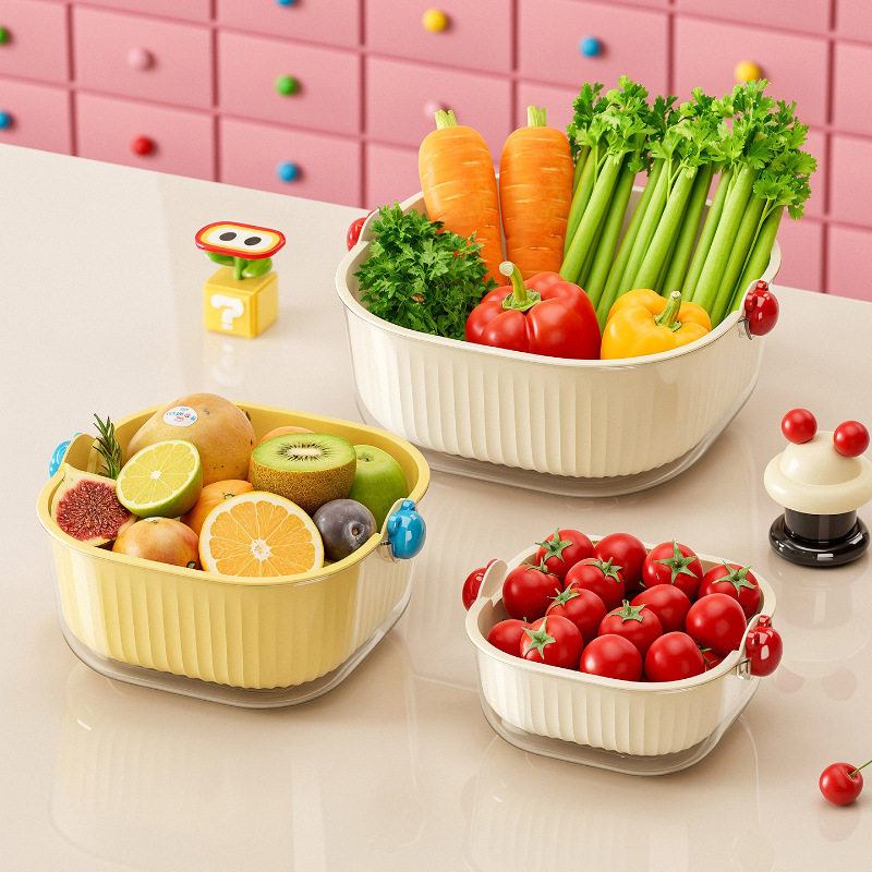 厨房双层沥水篮三件套客厅家用滤水淘米洗菜盆水果盘沥干蔬菜盆,餐饮具,洗菜盆/沥水篮/漏水筛,淘宝优惠券,粉丝福利购,淘宝优惠卷