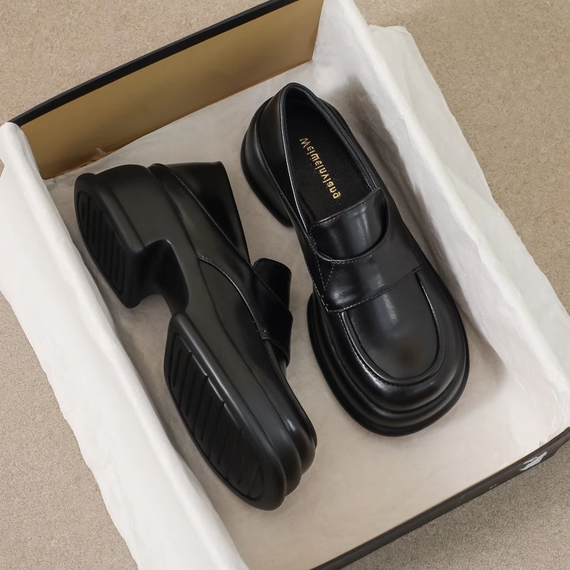 真皮厚底乐福鞋女2025年春秋季新款一脚蹬单鞋宽头小皮鞋英伦女鞋