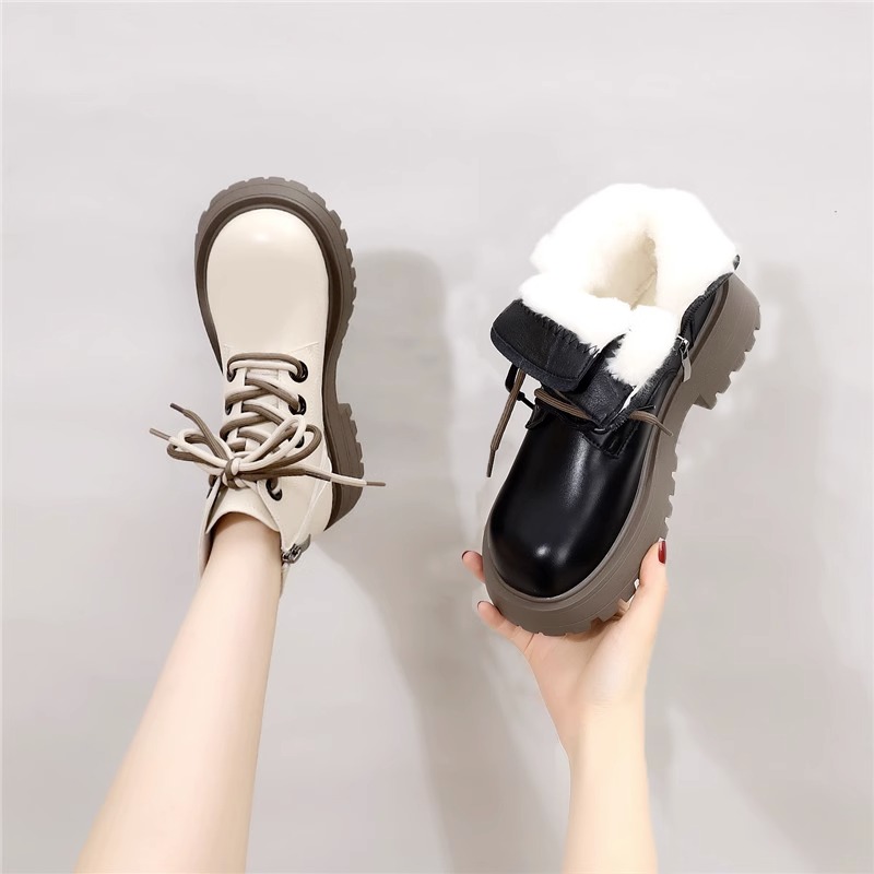 加绒保暖雪地靴女2024秋冬季新款真皮毛一体舒适马丁靴厚底棉短靴