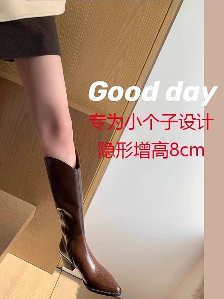 V口真皮厚底长筒靴女2025冬季新款小个子加绒高筒骑士靴不过单靴