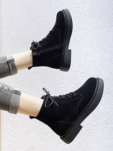 英伦风真皮磨砂短靴女2024春秋新款翻毛皮马丁靴爆款平底系带单靴