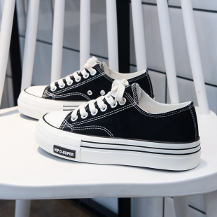 潮牌网红帆布鞋女鞋2025春秋季新款百搭厚底板鞋女生布鞋小黑鞋子