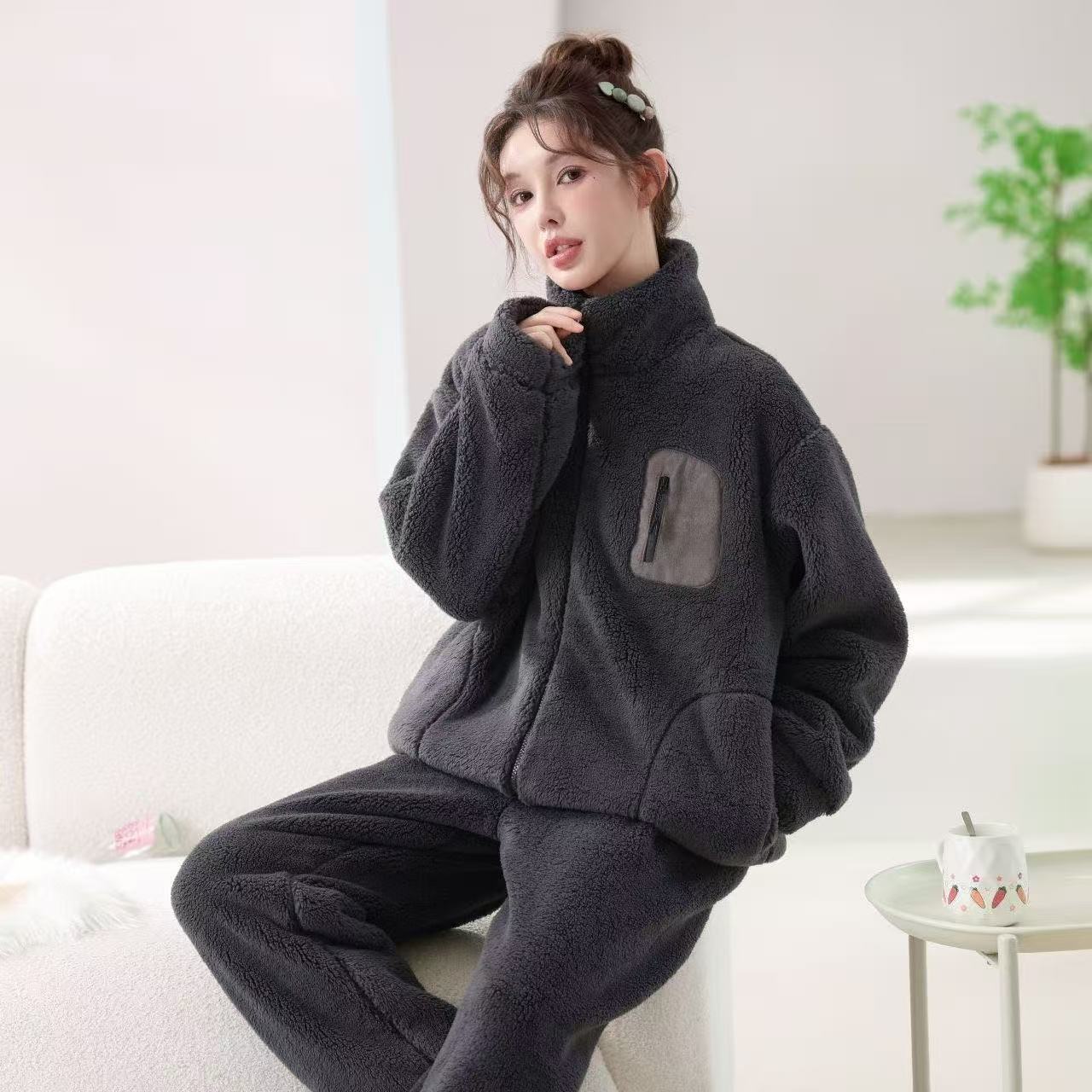 2026秋冬情侣加绒加厚保暖拉链休闲男女睡衣时尚慵懒风家居服套装