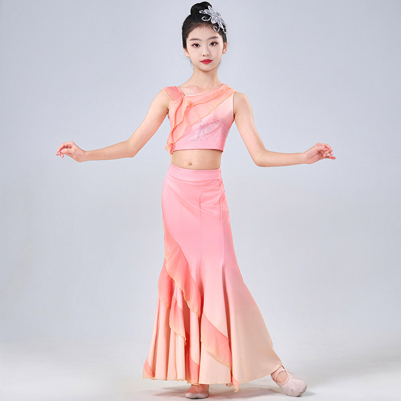 傣族舞蹈儿童演出服女童艺考孔雀舞鱼尾裙表演服少儿民族舞蹈包臀