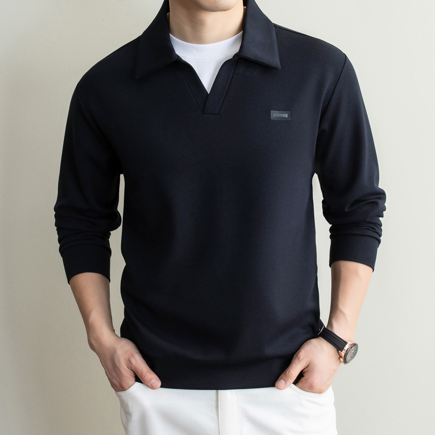2026春季新款男士纯色翻领长袖POLO衫商务休闲春装内搭打底衫上衣
