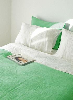 对比色设计纯裸睡薄荷绿+白色Ab版全亚麻四件套豪华双人床上用品