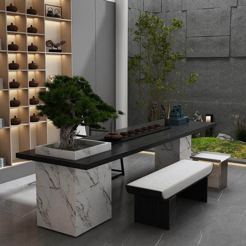 新中式岩板茶桌2025高端轻奢实木茶台现代高级感办公室茶室泡茶桌