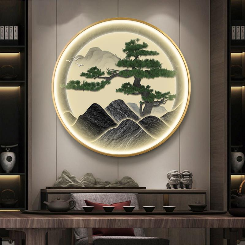 新中式迎客松入户圆形挂画玄关装饰画现代轻奢山水茶室带灯光壁画