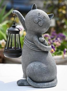太阳能花园灯小猫树脂摆饰花园庭院草地家阳台装饰动物工艺品摆饰