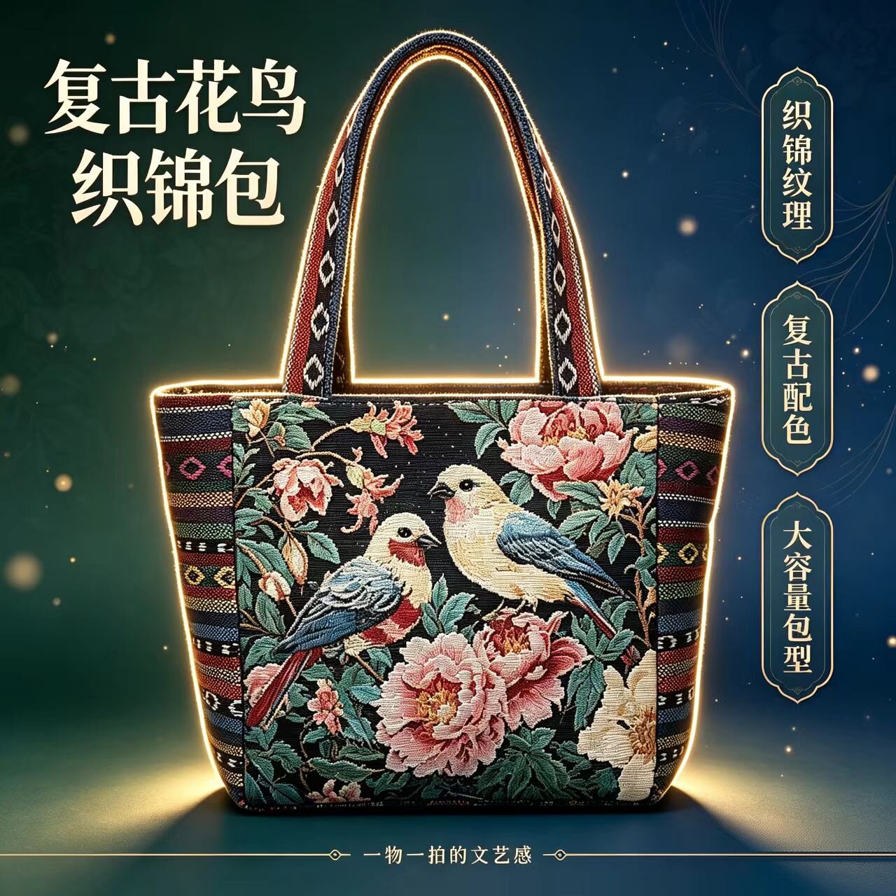 复古花鸟刺绣大容量帆布手提包