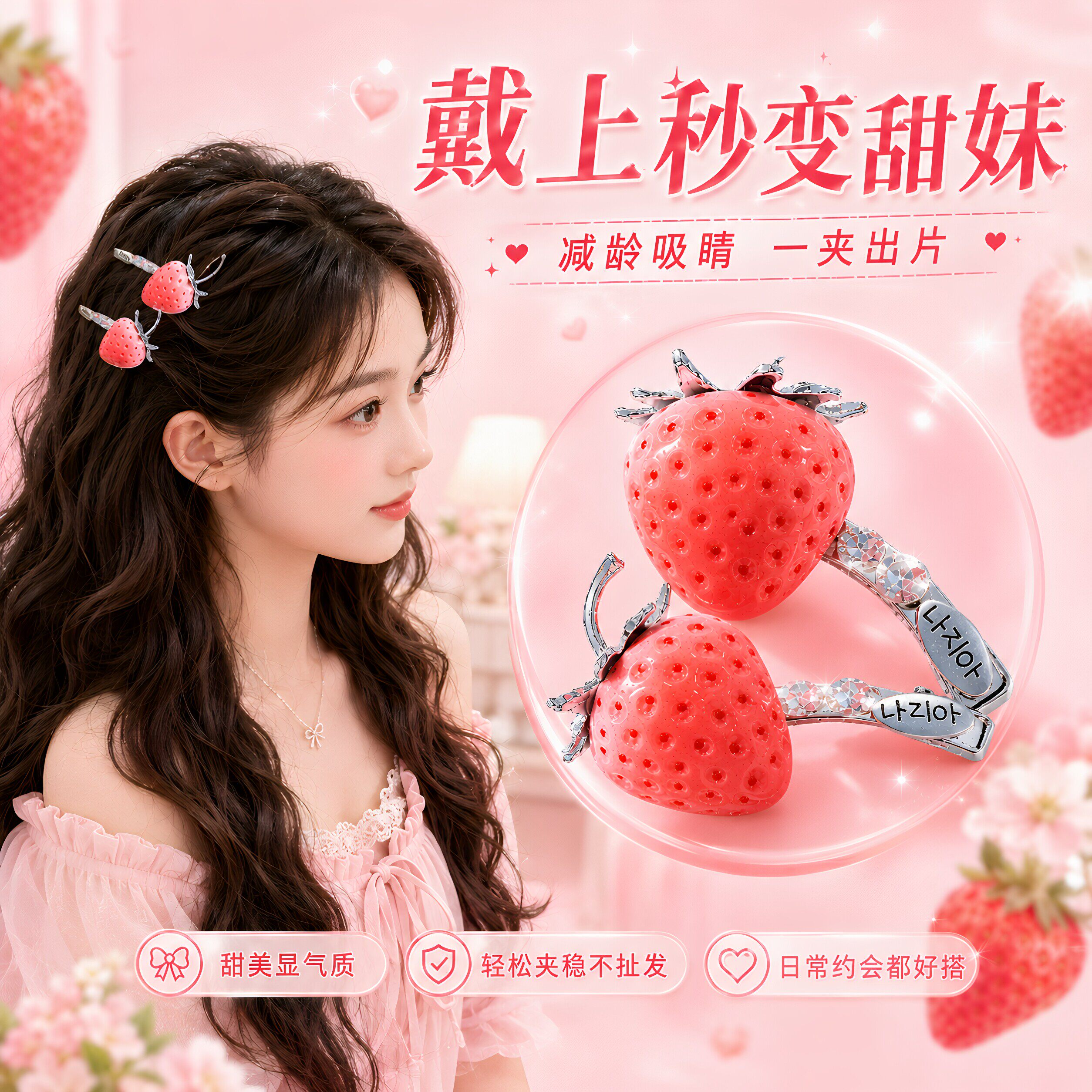 渐变粉草莓珍珠水钻侧边夹