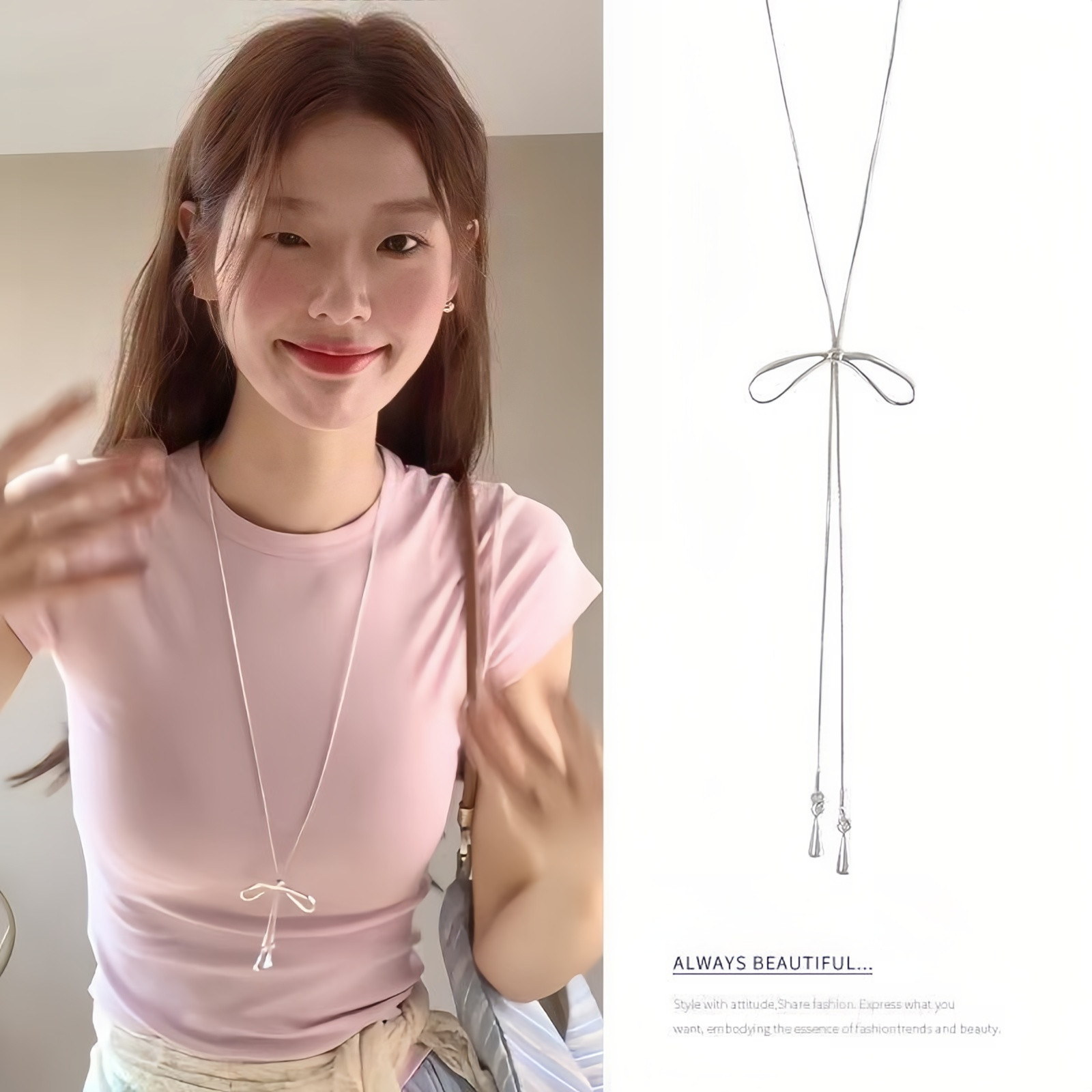甜美简约蝴蝶结项链女韩系小众设计锁骨链百搭银色长款日韩风格