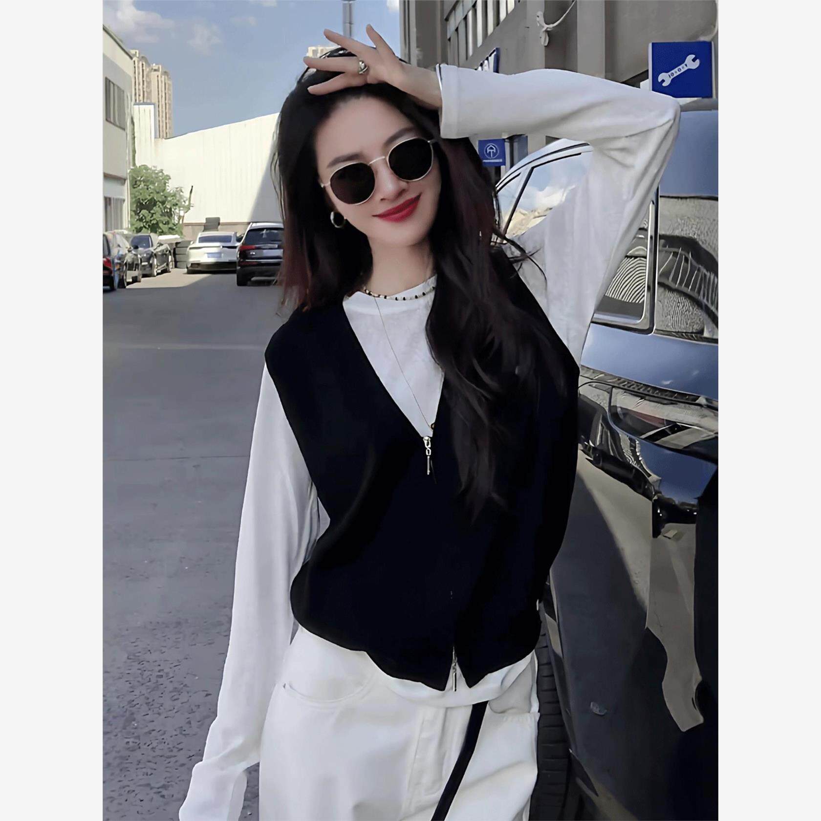 韩系早秋薄款穿搭针织衫女2025新款爆款针织马甲打底衫真两件上衣