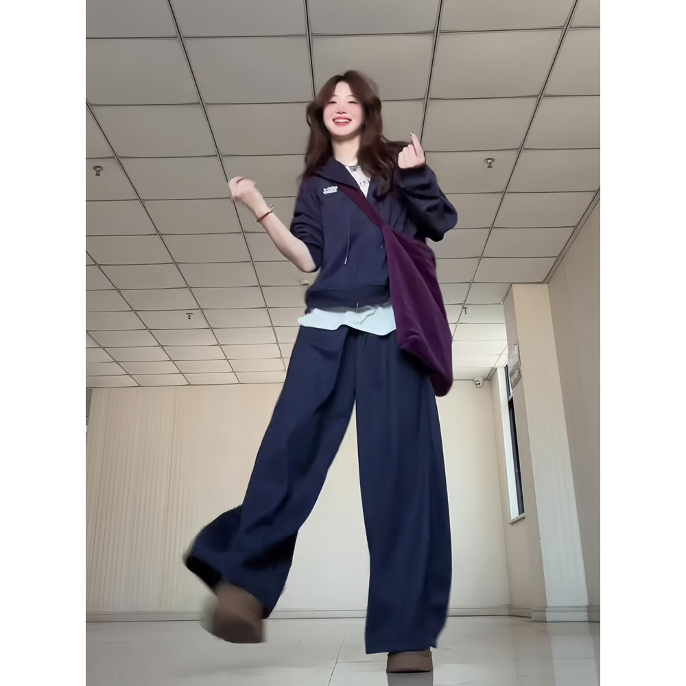 藏青色运动服套装女秋季韩系慵懒学生连帽运动衫卫裤宽松休闲 两