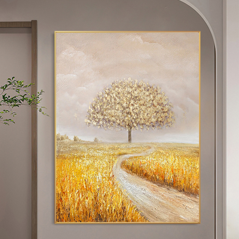 手绘油画现代简约风景肌理画立体大幅挂画玄关走廊装饰画发财树图片