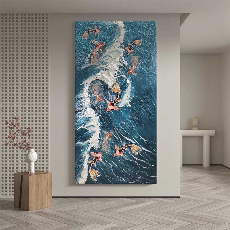 九鱼图肌理纯手绘油画玄关客厅挂画海浪大气楼梯转角走廊装饰画图片
