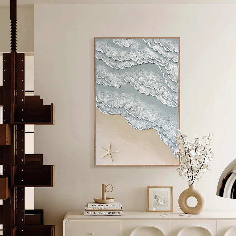 轻法式奶油风沙滩海浪肌理油挂画高级感客厅装饰画沙发后玄关餐厅