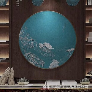玄关圆形灯光装 中国风肌理山水挂画新中式 饰画国潮浮雕银箔画